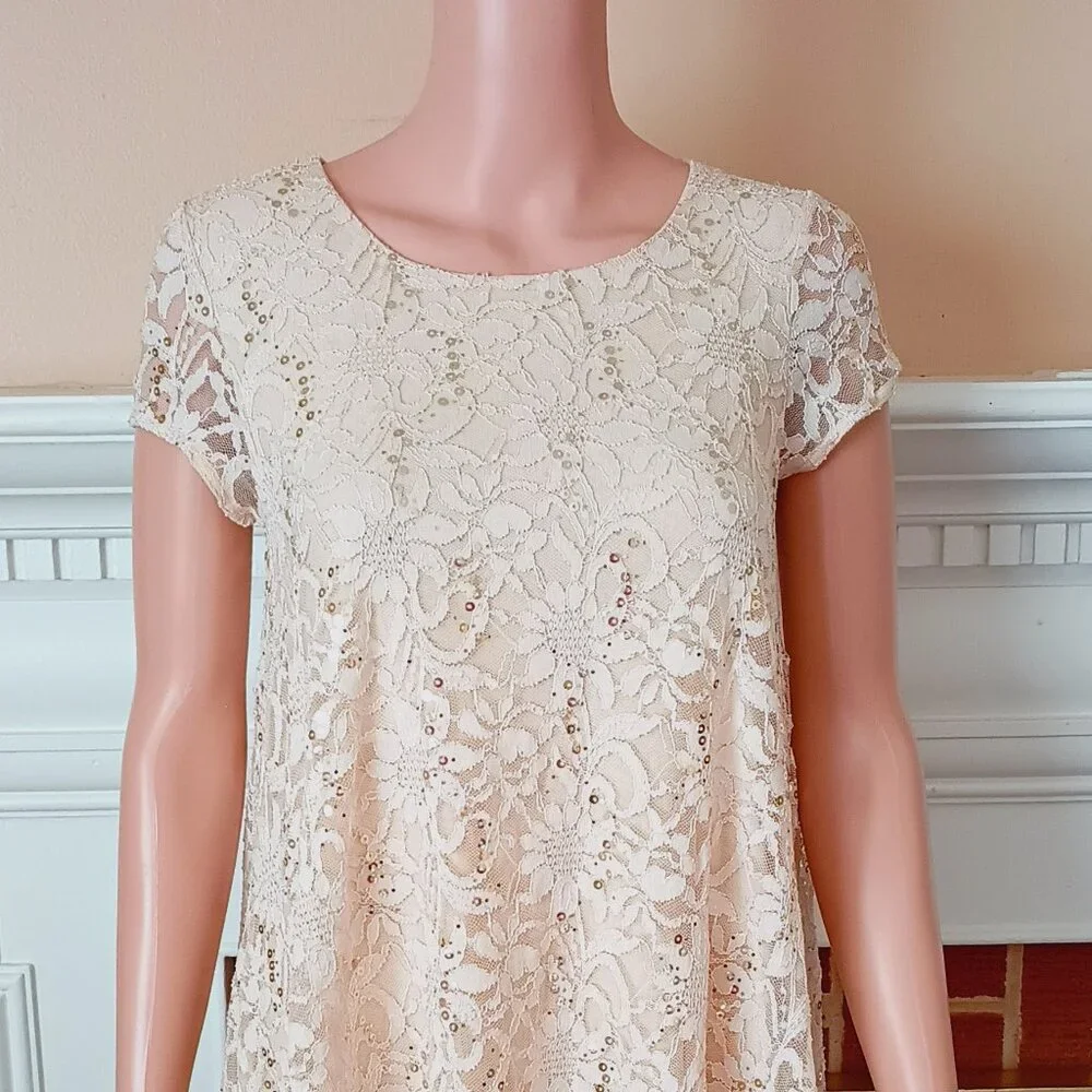 Altard State Lace Sequins Dress S A-Line Off White Cap Sleeve Lined Stretch